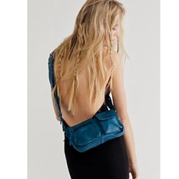 nwot free people wade teal blue/green Leather sling Crossbody Bag in cornflower